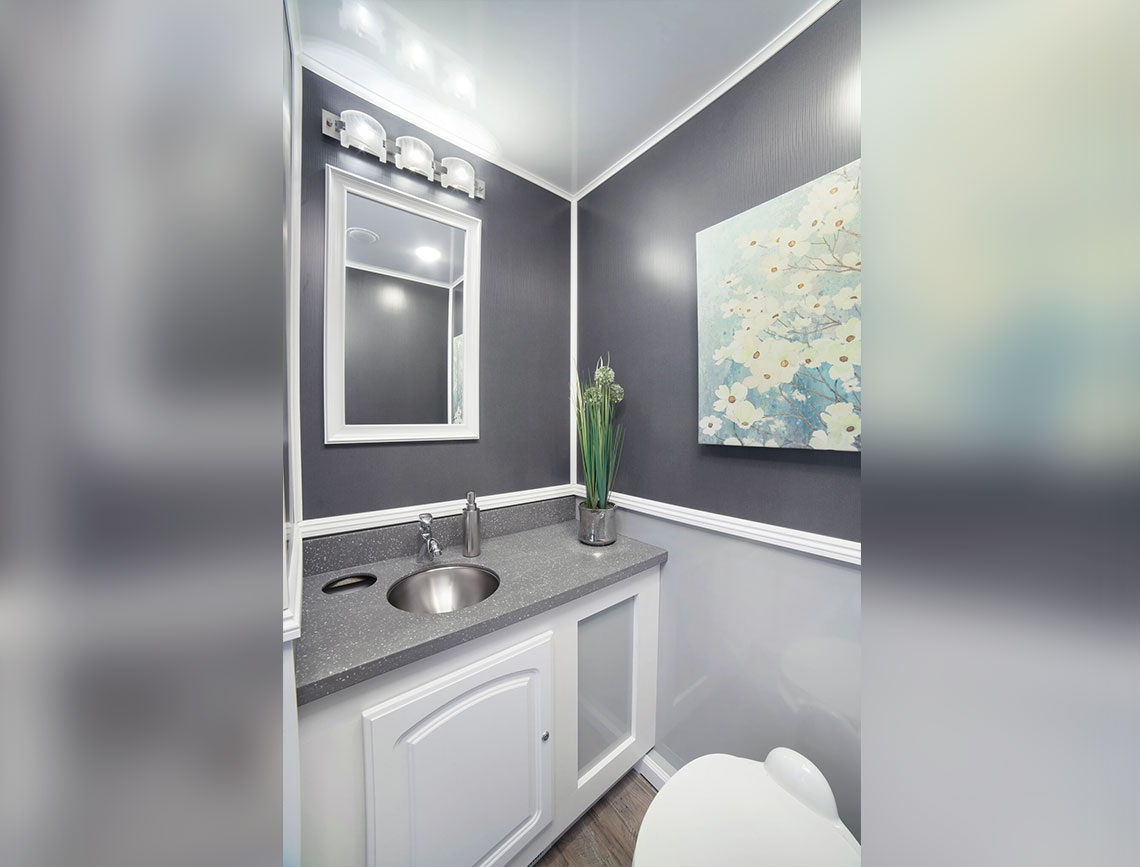 Restroom Trailer featuring a modern, clean design with gray walls, a marble countertop, a round sink, and a mirror. Decorated with a floral painting and a small plant, it includes a white toilet and stylish lighting fixtures.